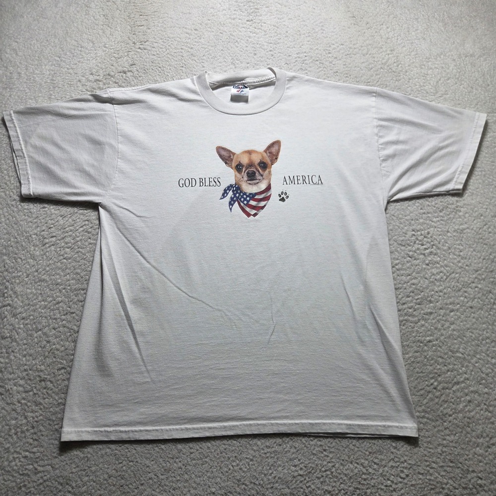 Vintage 2000s Jerzees T Shirt Mens XL White Chihuahua God Bless America Tee Y2K